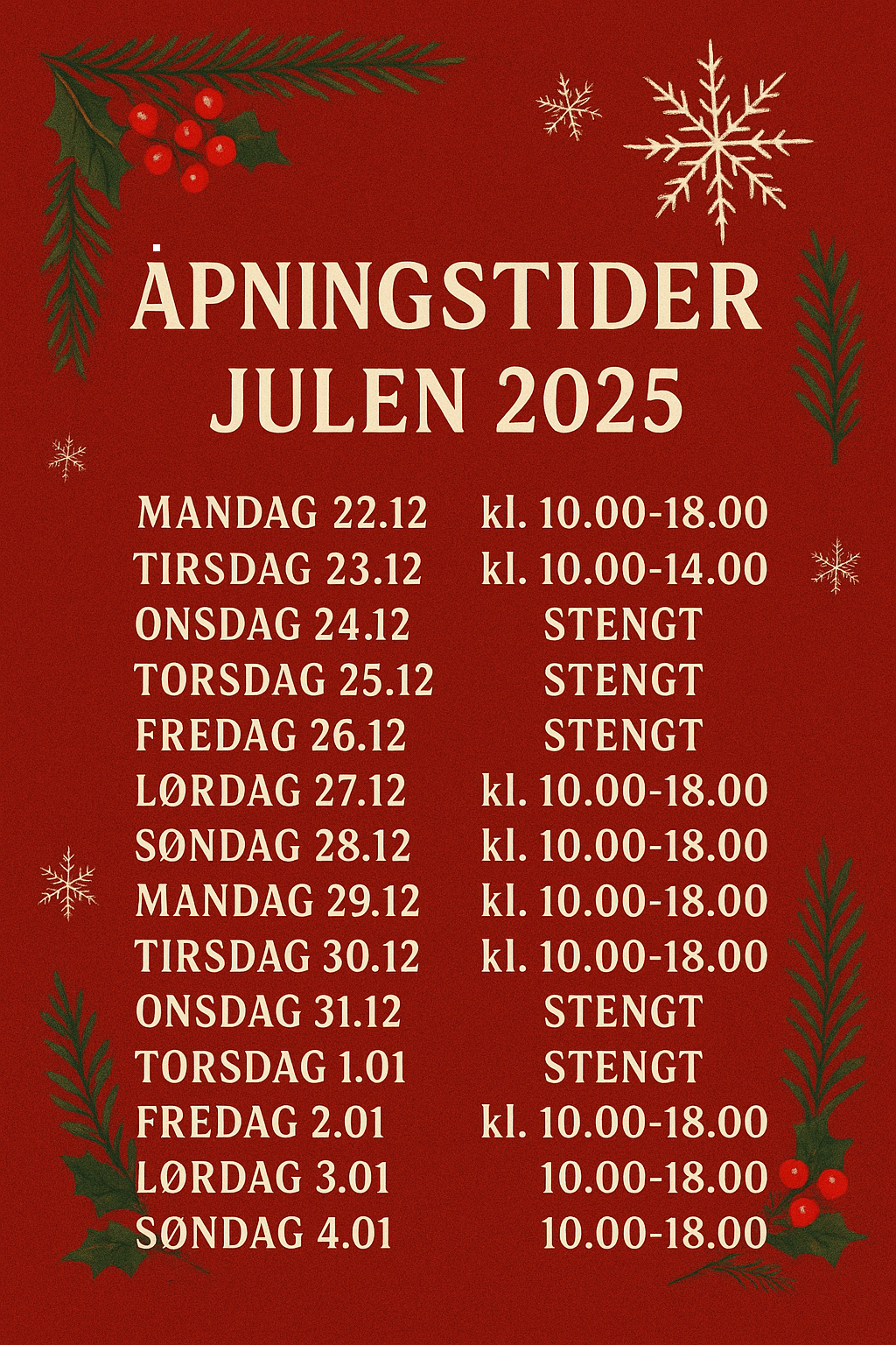 Åpningstider julen 2025